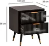 A black nightstand with two drawers, shown with dimensions indicated by lines and text. Produktbild-Vorschau