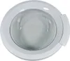 A close-up view of a washing machine door, also known as a porthole or outer door, is shown against a white background. The door features a clear glass window and a white frame with a handle or latch mechanism on the right side. Produktbild-Vorschau