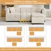 A modular sofa with ottoman shown in a living room setting, with diagrams illustrating different configurations. Voir les images du produit