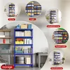 A collage of images showing a blue metal shelving unit in various settings: kitchen, storage, office, supermarket, and garage. Produktbild-Vorschau