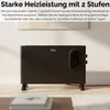 A black electric convector heater is shown in a room setting, with text describing its features. Produktbild-Vorschau