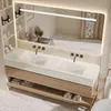 A modern bathroom vanity with a double sink and a large LED mirror. Anteprima dell’immagine prodotto