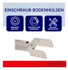A marketing image showing a metal post anchor with text overlays highlighting product features. Produktbild-Vorschau