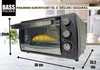 A product image of a small electric oven with dimensions and branding. There is a croissant inside the oven. Náhľad obrázku produktu