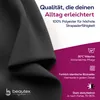 A close-up of black fabric with marketing text and icons overlaid. Produktbild-Vorschau