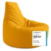 A yellow beanbag chair is shown against a white background, with a small overlay indicating a product review. Produktbild-Vorschau