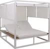 A white outdoor lounge bed with white cushions and a wooden shelf. Produktbild-Vorschau