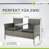 A grey rattan garden bench with a central table and cushions, with dimensions indicated. Náhled obrázku produktu