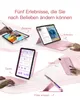 Collage of an iPad with a pink keyboard case, showing different use cases like drawing, working, reading, and watching movies. Produktbild-Vorschau