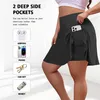 A woman wearing a black skort, with images and text highlighting its features. Produktbild-Vorschau