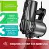 A close-up of a black vertical vacuum cleaner with marketing text overlays highlighting its features. Produktbild-Vorschau