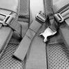 A close-up black and white image of backpack straps and buckles. Produktbild-Vorschau