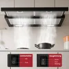 A kitchen range hood is shown above a stovetop with a pot, demonstrating its function of extracting steam. Control switches are visible below. Produktbild-Vorschau