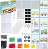 A flat lay collage of a bead craft kit, showing the box, beads, tools, and various completed bead designs. Produktbild-Vorschau