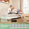 A family is relaxing on a couch while a robot vacuum cleaner is on the floor. Produktbild-Vorschau