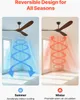 A split image showing a ceiling fan in two different modes: summer cooling and winter air circulation. Voir les images du produit
