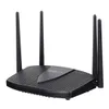 A black wireless router with four antennas is shown against a white background. Produktbild-Vorschau