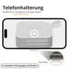 A smartphone displaying a video of a white power bank with a play button overlay. Text above describes it as a phone holder and enjoying movies. A close-up shows a retractable part. Produktbild-Vorschau