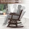 A wooden rocking chair on a patio with illustrated silhouettes of a person in different rocking positions. Náhľad obrázku produktu