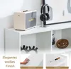 A white shelving unit with various items on display, including a small amplifier, headphones, and decorative items. Insets show close-ups of the shelf's finish. Voir les images du produit