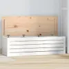 A white wooden storage chest with its lid open, revealing the natural wood interior. The chest is placed on a light wooden floor against a white wall. Produktbild-Vorschau