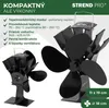 A product image showing two black stove fans, one larger and one smaller, with text overlays describing features and specifications. Anteprima dell’immagine prodotto