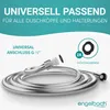 A silver shower hose is coiled on a light gray background, with text overlays and diagrams highlighting its features and compatibility. Podgląd zdjęcia produktu