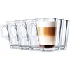 A set of six clear glass tumblers, with one tumbler filled with a layered coffee drink. Voir les images du produit