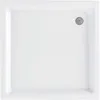 A top-down view of a white square shower tray with a silver drain cover in the top right corner. Podgląd zdjęcia produktu