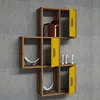 A modern wooden shelf unit with yellow cabinet doors mounted on a textured gray wall. Produktbild-Vorschau