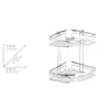 A diagram showing the dimensions of a corner shelf unit, with the product itself shown in the background. Produktbild-Vorschau
