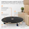 A round transport dolly with wheels, shown with callouts highlighting its features. Boxes are stacked in the background. Produktbild-Vorschau