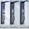 Three views of a black stainless steel shower panel with LED lights and multiple spray functions. Náhľad obrázku produktu