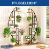 Two modern, black metal plant stands with wooden shelves, filled with various potted plants and hanging plants, displayed indoors in a well-lit room with a window in the background. Produktbild-Vorschau