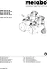 An illustration of a Metabo air compressor with text listing product models and multilingual manual titles. Produktbild-Vorschau