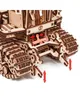 Close-up view of the front mechanism of a wooden model vehicle, possibly a bulldozer or mower, with red arrows indicating movement. Podgląd zdjęcia produktu