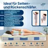 A mattress with a person lying on it, illustrating its features and benefits for side and back sleepers. Produktbild-Vorschau