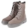 A pair of beige suede lace-up boots with a thick gray sole, shown from the front against a white background. Produktbild-Vorschau