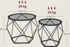 Two black geometric side tables with glass tops are shown with dimensions and weight capacity indicated. Náhled obrázku produktu