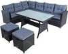An outdoor seating and dining set with a sectional sofa, a table, and two ottomans, all made of black polyrattan with gray cushions. Produktbild-Vorschau