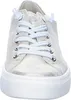 A close-up, front-facing view of a gold metallic leather sneaker with white laces and a white platform sole. Produktbild-Vorschau