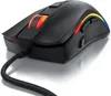 A black gaming mouse with RGB lighting is shown on a reflective surface. Produktbild-Vorschau