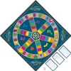 A top-down view of the Trivial Pursuit board game, laid out on a dark blue surface. The game board is diamond-shaped with a circular track and spokes radiating from the center. Game pieces, cards, and a die are also visible. Podgląd zdjęcia produktu