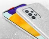 A close-up, angled shot of a silver glitter phone case on a smartphone. Produktbild-Vorschau