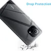 A clear phone case is shown on a white background, with a graphic illustrating drop protection. Produktbild-Vorschau