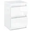 A white, high-gloss bedside table with two drawers, shown from a front-side angle against a white background. Voir les images du produit