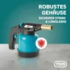 A blue and black gas torch with a gold nozzle is displayed on a gray surface against a teal background. Text overlays highlight product features and a shield icon indicates safety. Produktbild-Vorschau