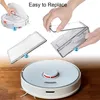An instructional image showing how to replace parts of a robot vacuum cleaner. Produktbild-Vorschau