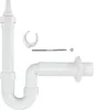 A white plastic plumbing trap kit, including a P-trap, a vertical pipe with a barbed fitting, a mounting bracket, a screw, and a nut, laid out against a white background. Anteprima dell’immagine prodotto