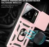 A close-up of a pink phone case with a ring holder and a sliding camera cover, shown attached to a magnetic car mount. Produktbild-Vorschau